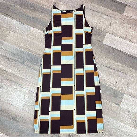 Kenneth Cole Retro Print Sleeveless Sheath Dress Brown Multi Small - Picture 6 of 11